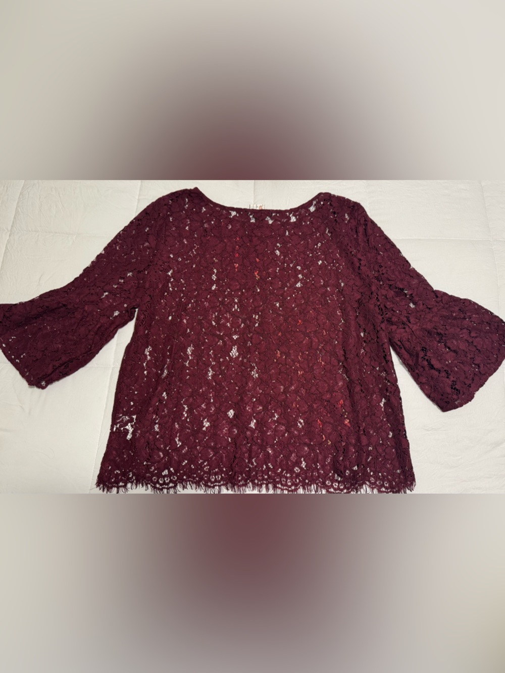 Karen Kane Burgundy Lace with Floral Embroidery Embellished Bell Sleeve Lace Top - Picture 11 of 16